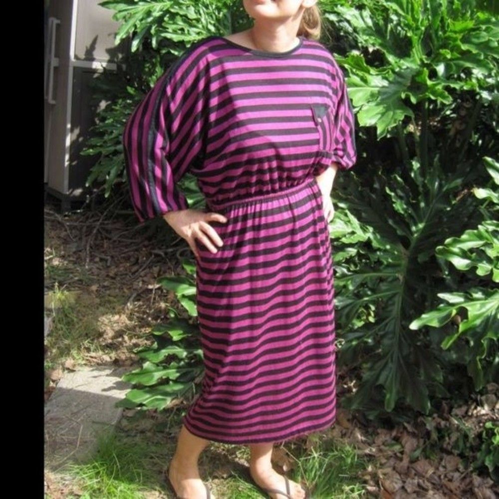 Timely Trends Magenta Purple Black Striped Long Sleeve Retro Dress Pocket Deco